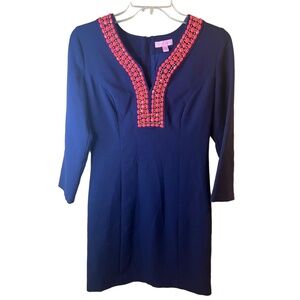 Lilly Pulitzer Navy Embellished Neckline 3/4 Sleeves Shift Dress Size 2